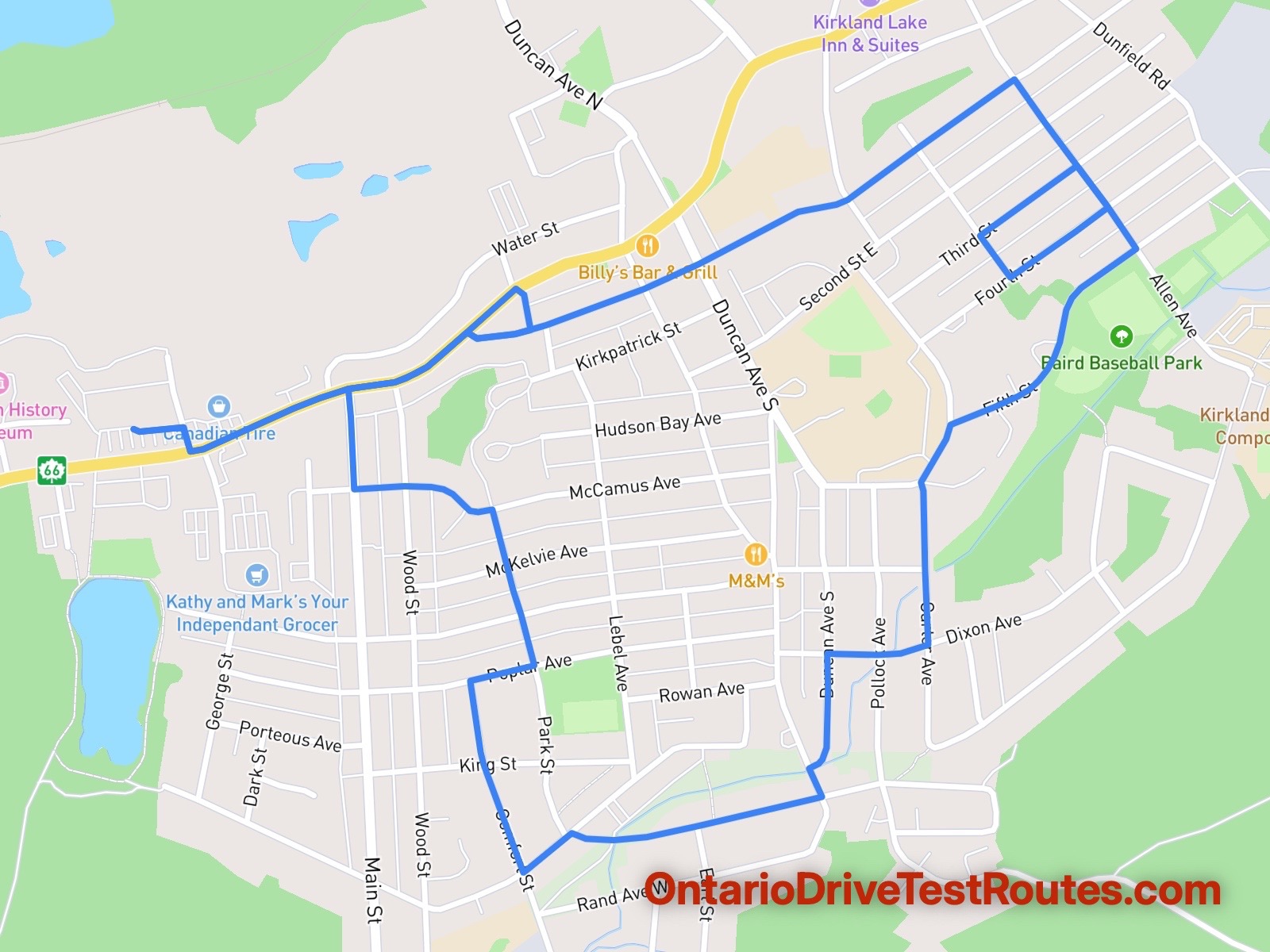 Kirkland Lake drive test route map
