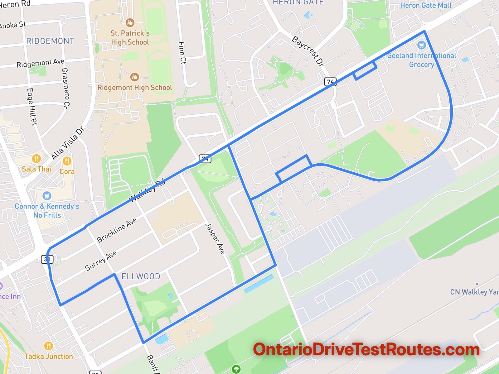 Ottawa Walkley drive test route map