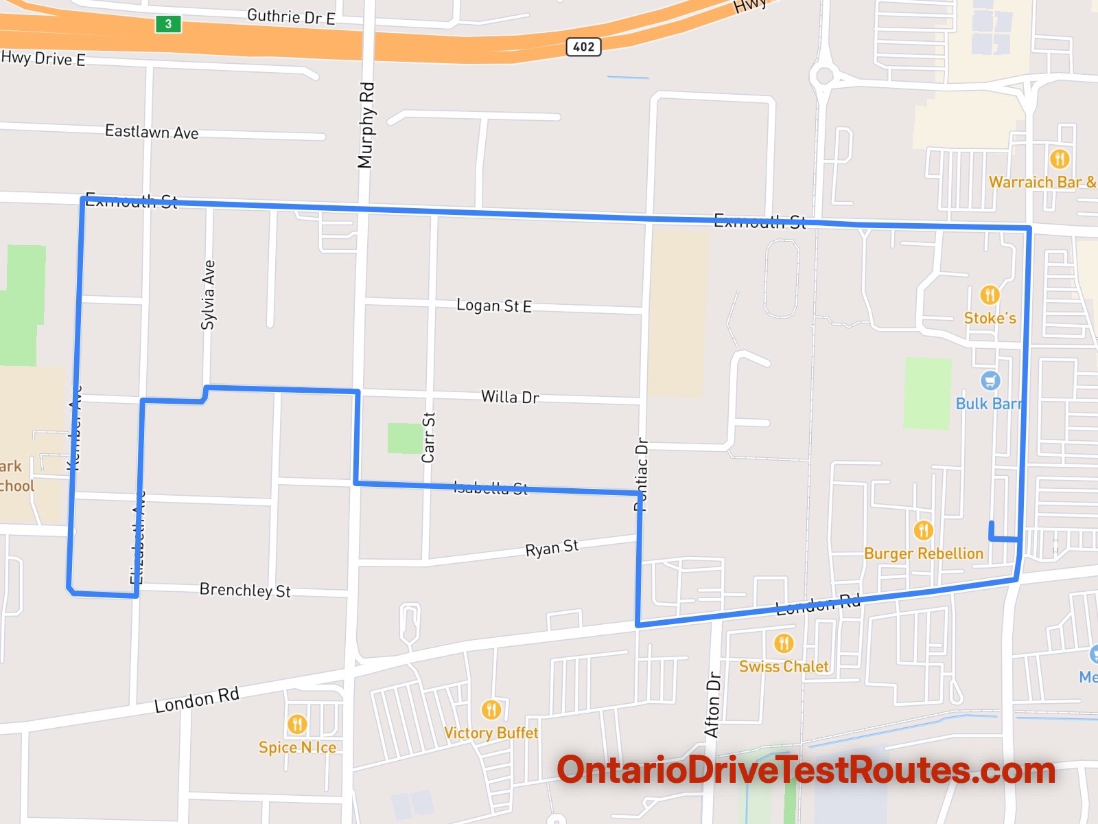 Sarnia drive test route map