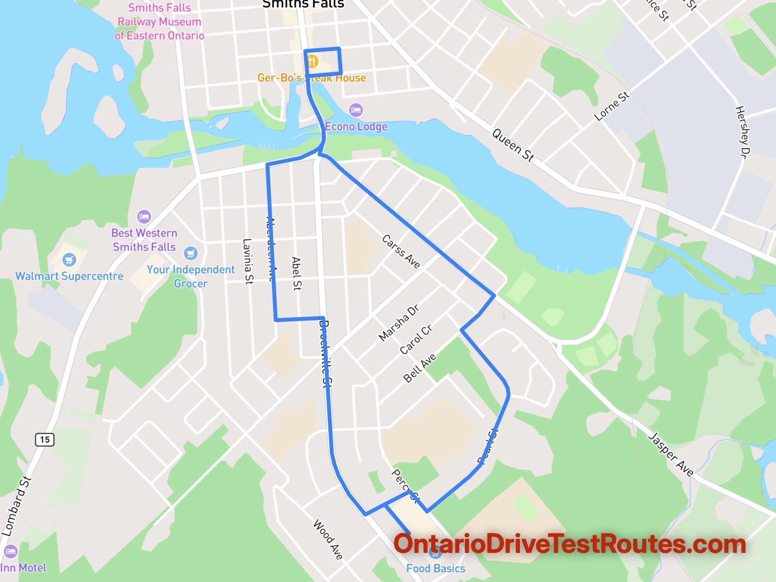Smiths Falls drive test route map