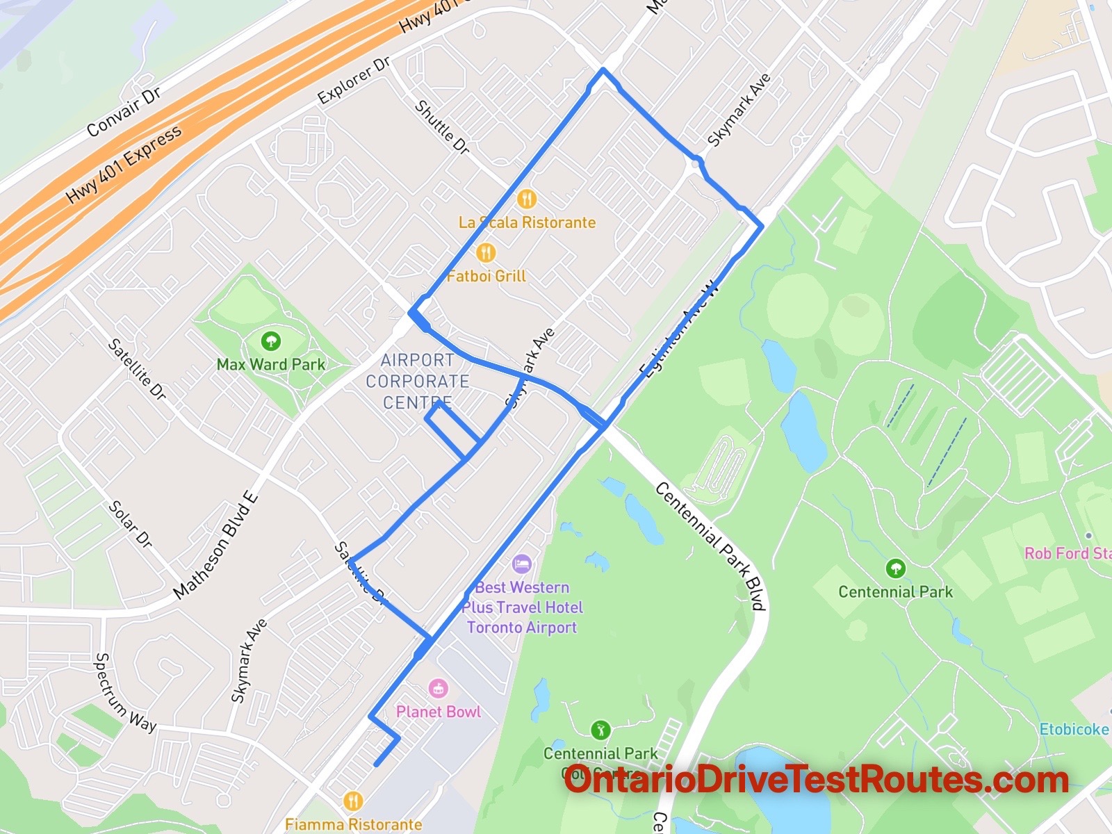 Etobicoke drive test route map
